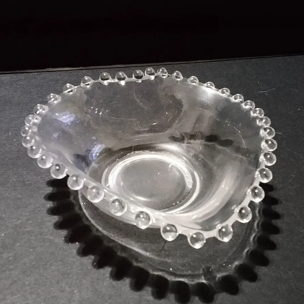 Vintage Imperial Glass Candlewick Heart Shaped Bowl Clear Beaded Edge Candy Dish